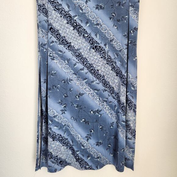 Vintage 90s Blue Floral Striped Maxi Skirt Pull On Side Hem Split M - Picture 6 of 13